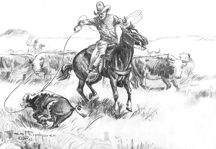 Pencil sketch of a cowboy roping cattle by George Phippen